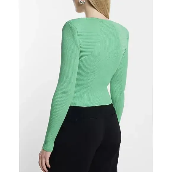 NEW Express NWT $98 Women’s Long Sleeve Crop Top Size S Lime Green Stretch Chrty - Picture 2 of 11
